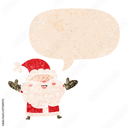 cartoon santa claus and speech bubble in retro textured style