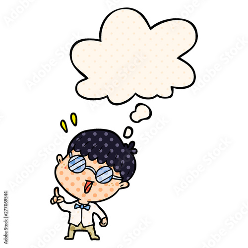 cartoon clever boy and thought bubble in comic book style