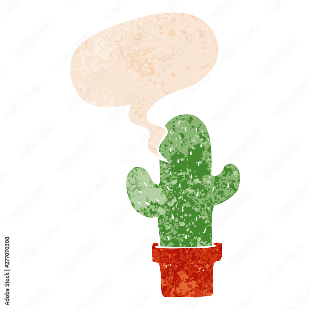 cartoon cactus and speech bubble in retro textured style cartoon cactus and speech bubble in retro textured style