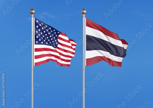 United States of America vs Thailand. Thick colored silky flags of America and Argentina. 3D illustration on sky background. – Illustration