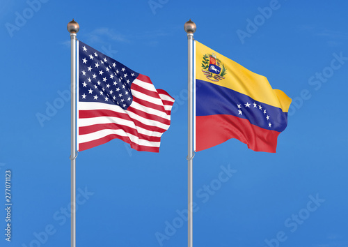 United States of America vs Venezuela. Thick colored silky flags of America and Argentina. 3D illustration on sky background. – Illustration