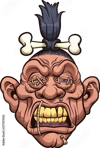 Cartoon shrunken head with bone clipart. Vector illustration with simple gradients. All in a single layer. 