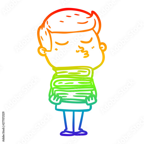 rainbow gradient line drawing cartoon model guy pouting holding books
