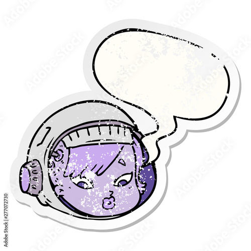 cartoon astronaut face and speech bubble distressed sticker