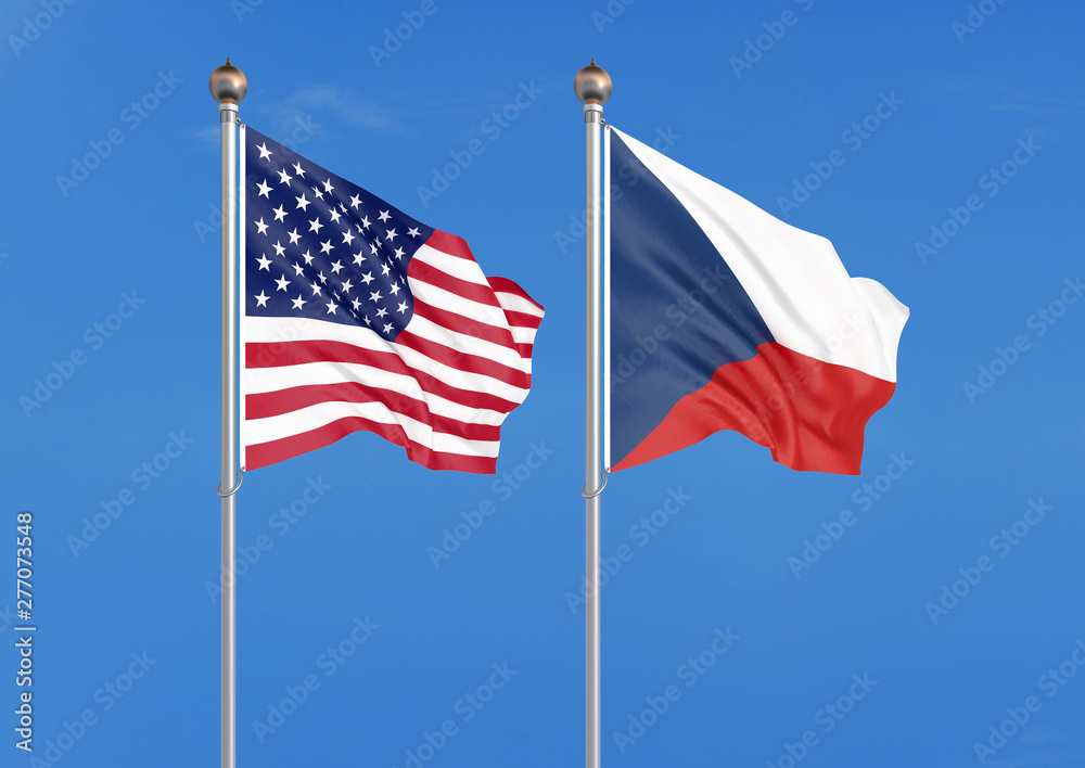 United States of America vs Czech Republic. Thick colored silky flags of America and Czech Republic. 3D illustration on sky background. - Illustration