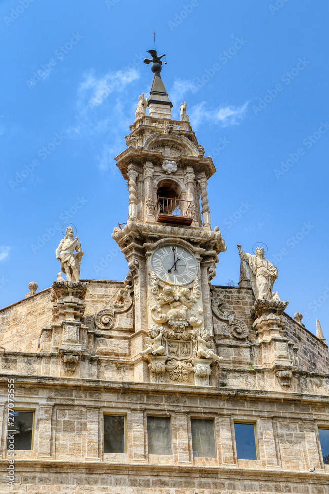 Details of the facade of the church of Santos Juanes in front of the Lonja de la Seda, and next to the Central Market in Valencia, Spagna