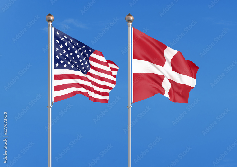 United States of America vs Denmark. Thick colored silky flags of America and Denmark. 3D illustration on sky background. - Illustration