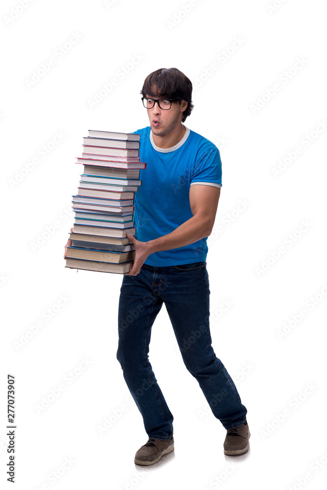 Male student with many books isolated on white Male student with many books isolated on white