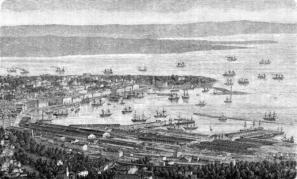 Panoramic view of Trieste harbor on the Adriatic sea, docks commercial area and cityscape, 19th century Panoramic view of Trieste harbor on the Adriatic sea, docks commercial area and cityscape, 19th century