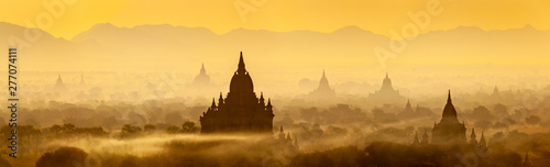 Sunrise landscape view with silhouettes of old temples  Bagan  Myanmar  Burma 