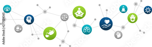 mindfulness / meditation / relaxation concept – connected icons related to mindful living, awareness, stress-relief - vector illustration