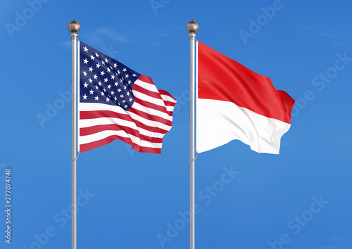 United States of America vs Indonesia. Thick colored silky flags of America and Indonesia. 3D illustration on sky background. - Illustration
