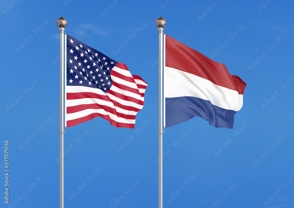 United States of America vs Netherlands. Thick colored silky flags of America and Netherlands. 3D illustration on sky background. - Illustration