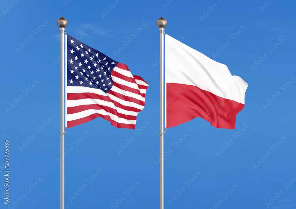Fototapeta premium United States of America vs Poland. Thick colored silky flags of America and Poland. 3D illustration on sky background. - Illustration
