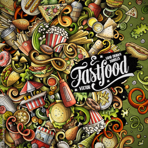 Fastfood hand drawn vector doodles illustration. Fast food frame card design