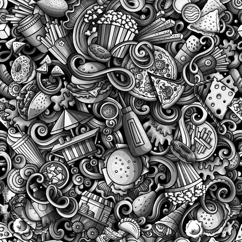 Fastfood hand drawn doodles seamless pattern. Fast food background