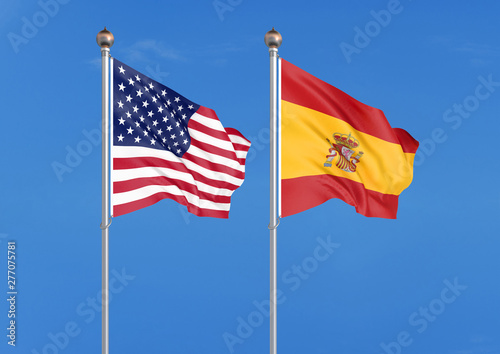 United States of America vs Spain. Thick colored silky flags of America and Spain. 3D illustration on sky background. - Illustration