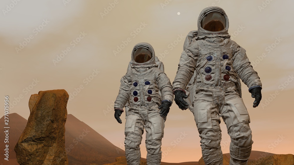 3D rendering. Colony on Mars. Two Astronauts Wearing Space Suit Walking On The Surface Of Mars. 3D rendering. Colony on Mars. Two Astronauts Wearing Space Suit Walking On The Surface Of Mars.