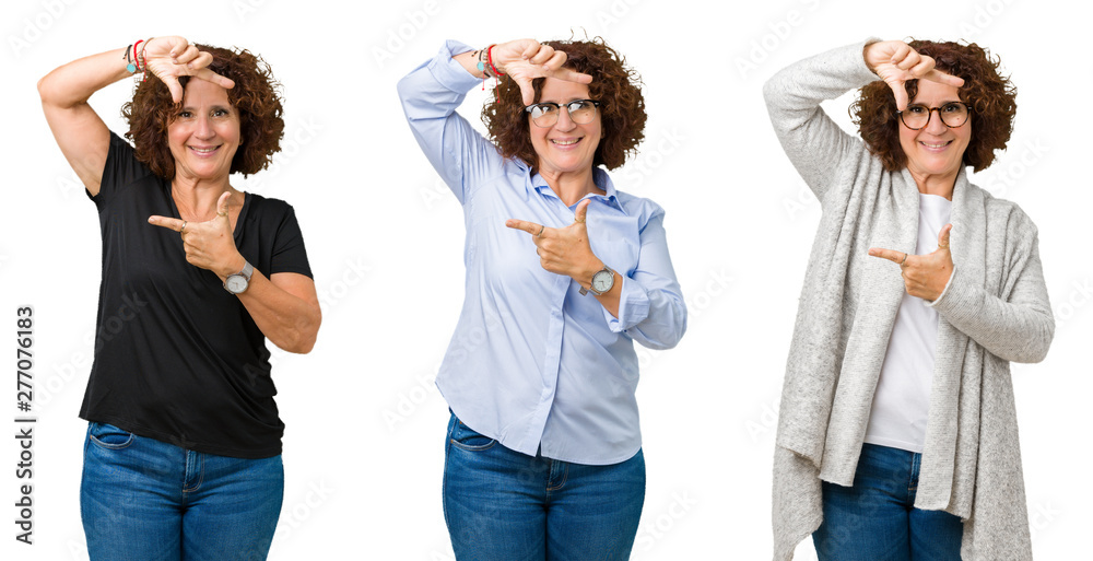 Collage of middle age senior woman over white isolated background smiling making frame with hands and fingers with happy face. Creativity and photography concept. Collage of middle age senior woman over white isolated background smiling making frame with hands and fingers with happy face. Creativity and photography concept.