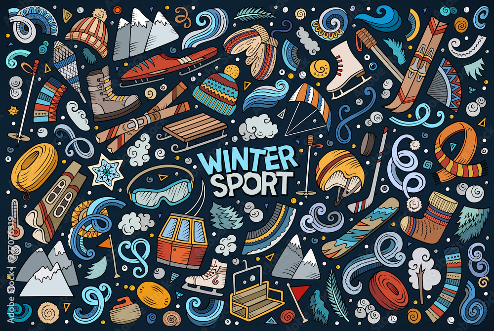 Doodle cartoon set of Winter sports objects and symbols