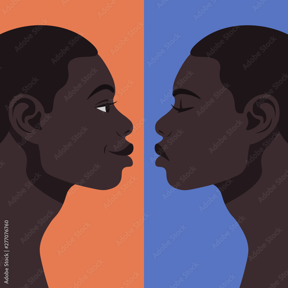 Bipolar disorder. Portrait of an African man in profile in depression and in a good mood. Two male faces from the side. Vector illustration in flat style