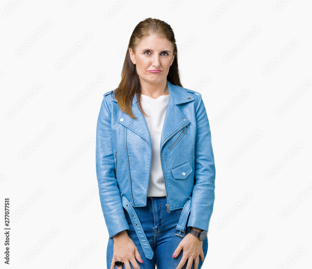 Beautiful middle age mature woman wearing fashion leather jacket over isolated background depressed and worry for distress, crying angry and afraid. Sad expression. Beautiful middle age mature woman wearing fashion leather jacket over isolated background depressed and worry for distress, crying angry and afraid. Sad expression.