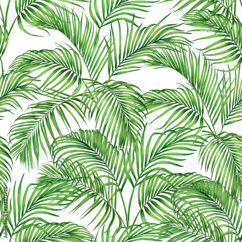 Watercolor painting coconut,palm leaf,green leaves seamless pattern background.Watercolor hand drawn illustration tropical exotic leaf prints for wallpaper,textile Hawaii aloha jungle style pattern.