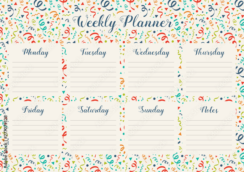 Concept of a weekly planner with hand drawn serpentines. Vector