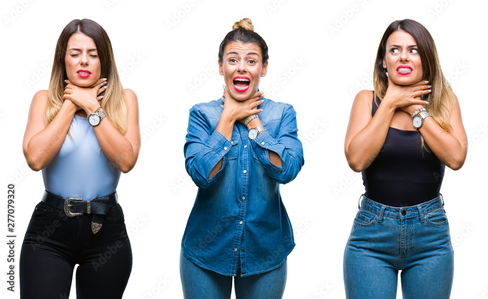 Collage of young beautiful woman over isolated background shouting and suffocate because painful strangle. Health problem. Asphyxiate and suicide concept. Collage of young beautiful woman over isolated background shouting and suffocate because painful strangle. Health problem. Asphyxiate and suicide concept.