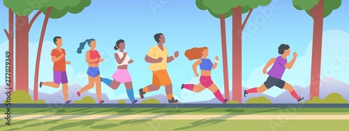 People 5K run. Men and women group running 5K distance, summer outdoor healthy exercises concept. Vector illustration runner man outrun woman sport activity