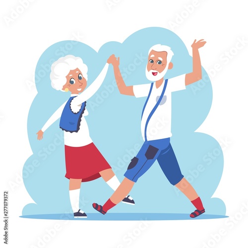Old couple dancing. Cartoon happy granny and grandpa dancing, flat elderly people characters. Vector isolated active grandfather and grandmother on white background