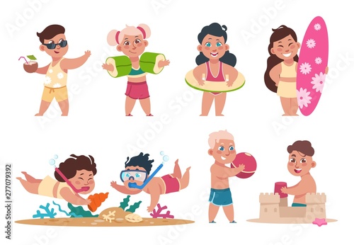 Kids at beach. Cartoon happy children swimming playing ball and doing summer activities on holidays. Vector flat child fun holiday party set photo