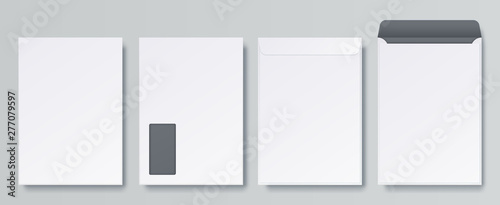 Realistic envelopes. Blank close and open letter, C4 A4 business mockup template, isolated front and back views. Vector white vertical envelope for corporate postcard