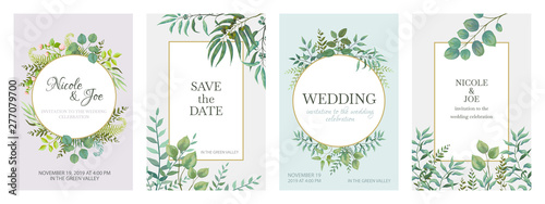 Wedding greenery posters. Floral green invitation cards with rustic garden branches and leaves. Vector trendy eucalyptus borders in golden frame on white background