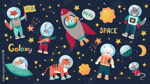 Space animal kids. Cartoon baby astronauts with stars and planets and spaceships. Vector doodle animals in cosmos space costumes set