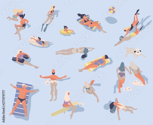 Swimming people. Cartoon characters doing summer activities in water, swimming sunbathing surfing. Vector illustrations vacation at sea