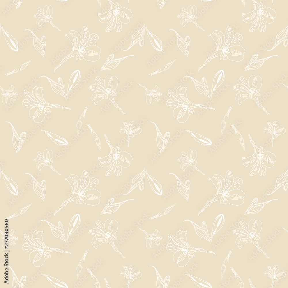 Seamless floral pattern. Pattern with white graphics flowers on beige background. Alstroemeria. Seamless pattern with transparent hand drawn plants. Herbal Botanical illustration.