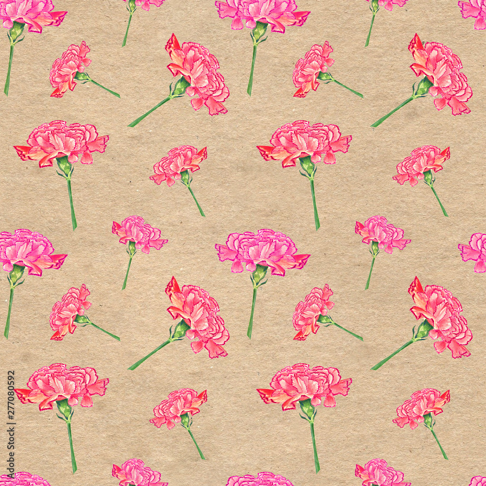 Carnation flowers on paper textured background, watercolor hand-drawn illustration, seamless pattern