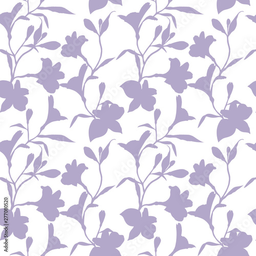 Seamless floral pattern. Pattern with purple Silhouette graphics flowers on white background. Alstroemeria. Seamless pattern with hand drawn plants. Herbal Botanical illustration.