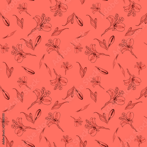 Seamless floral pattern. Pattern with ink graphics flowers on living coral background. Alstroemeria. Seamless pattern with hand drawn plants. Herbal Botanical illustration.