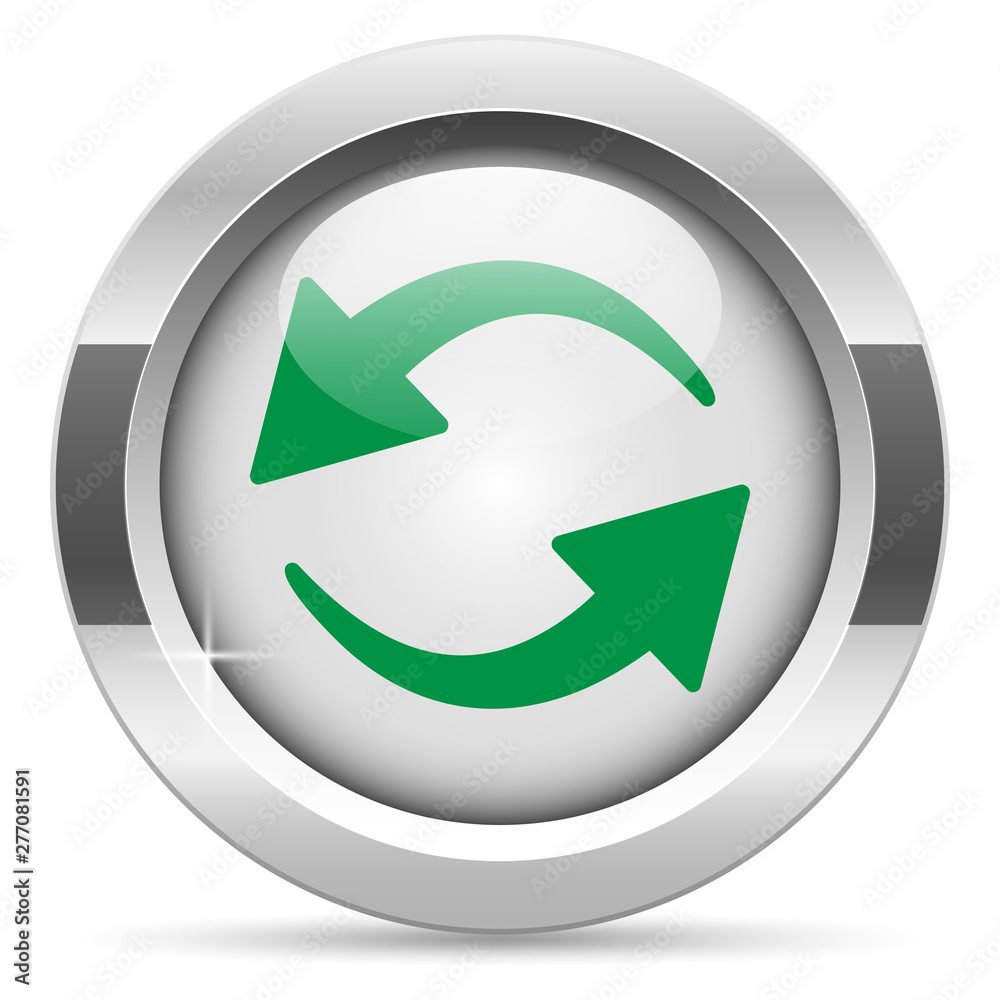 Reload icon.White metal internet button. Glass with green icon, vector. Reload icon.White metal internet button. Glass with green icon, vector.