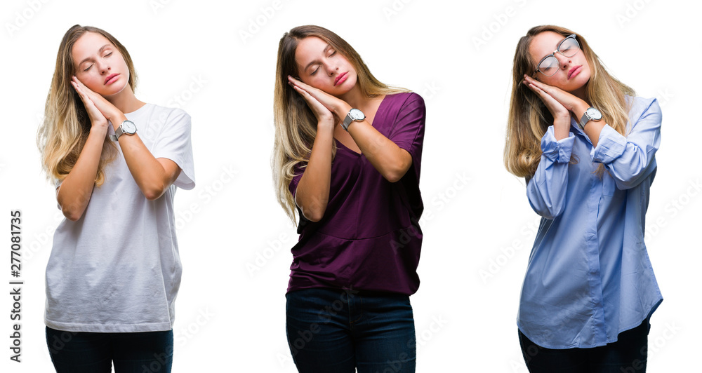 Collage of young beautiful blonde woman over isolated background sleeping tired dreaming and posing with hands together while smiling with closed eyes. Collage of young beautiful blonde woman over isolated background sleeping tired dreaming and posing with hands together while smiling with closed eyes.