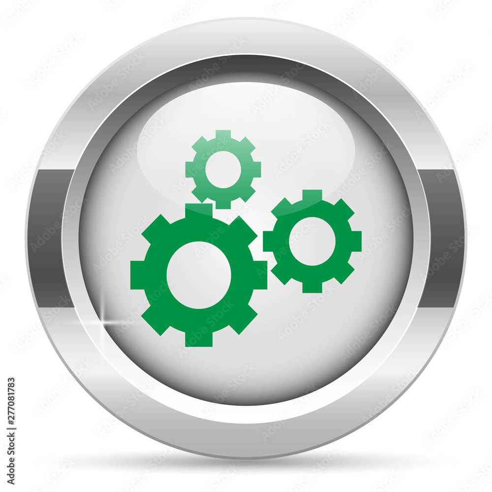 Gear icon.White metal internet button. Glass with green icon, vector. Gear icon.White metal internet button. Glass with green icon, vector.