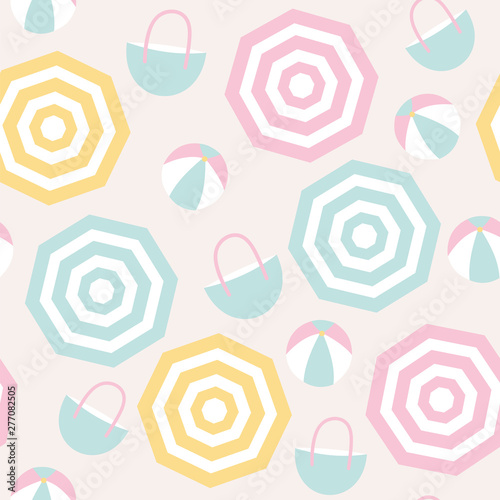 Seamless pattern of beach umbrellas, beach balls, and beach bags