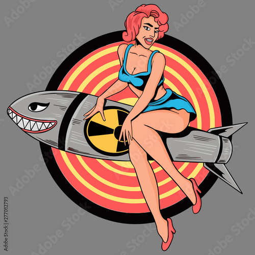vintage style sexy girl character sitting on a rocket