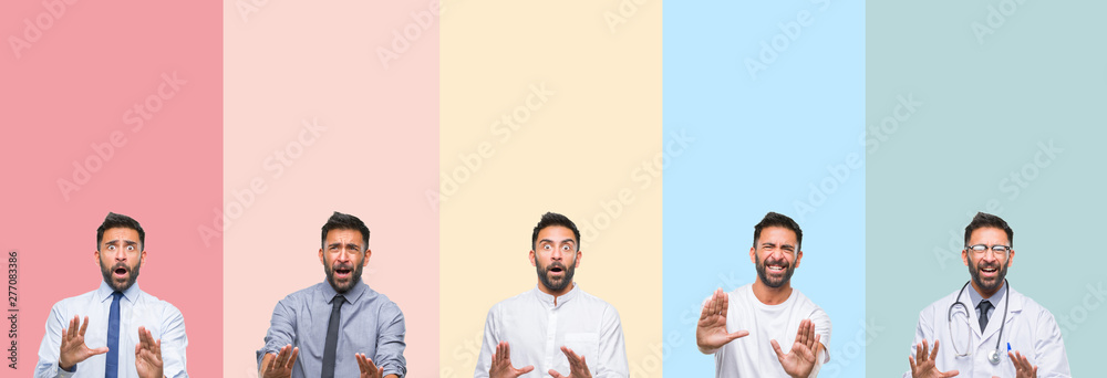 Fototapeta premium Collage of handsome man over colorful stripes isolated background afraid and terrified with fear expression stop gesture with hands, shouting in shock. Panic concept.