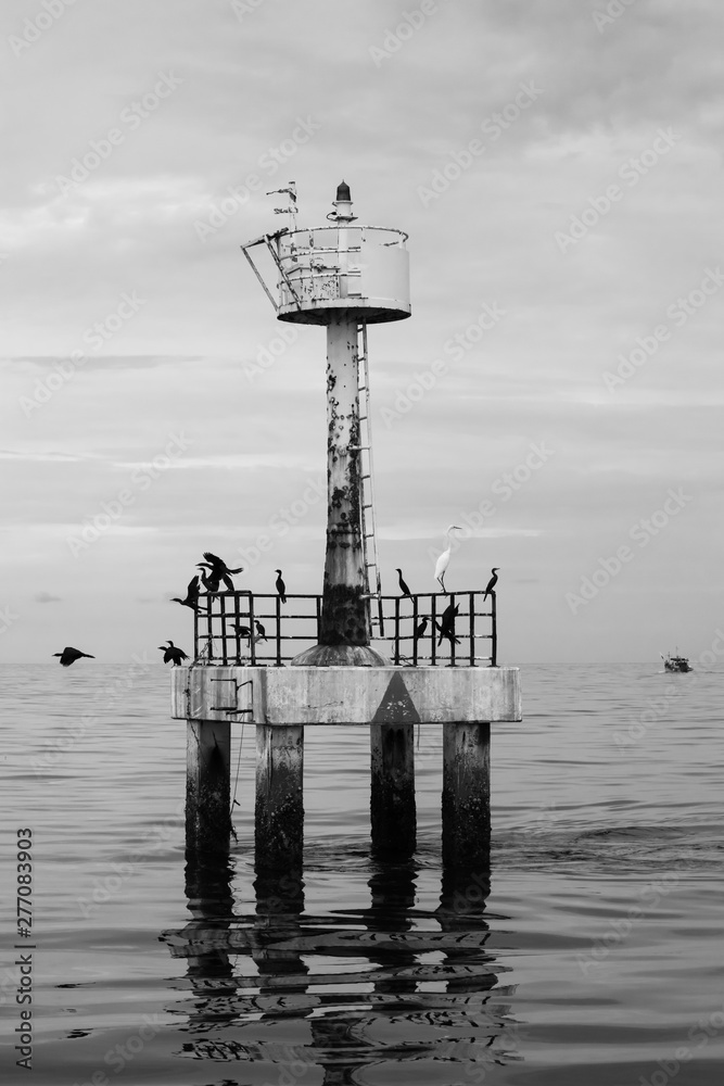 The black and white background of lighthouse with birds in the sea, Thailand.