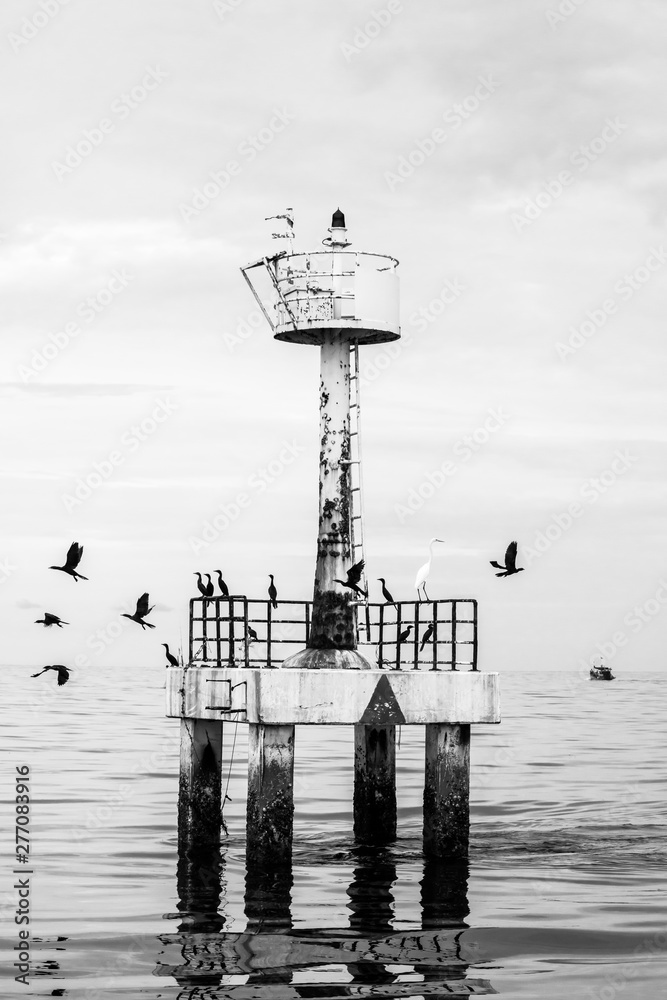 The black and white background of lighthouse with birds in the sea, Thailand.