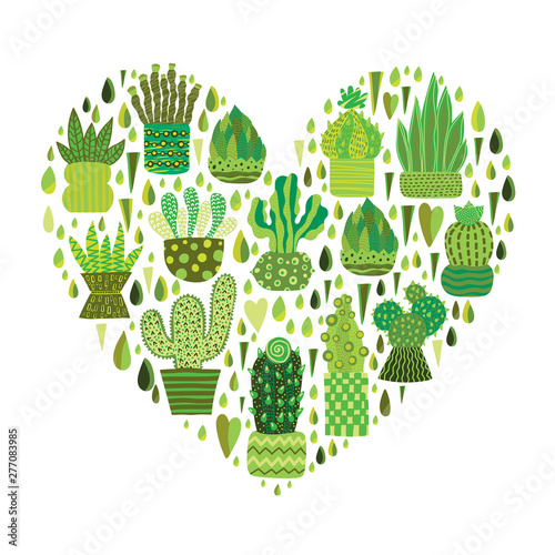The green heart of the cacti. Cute vector postcard.