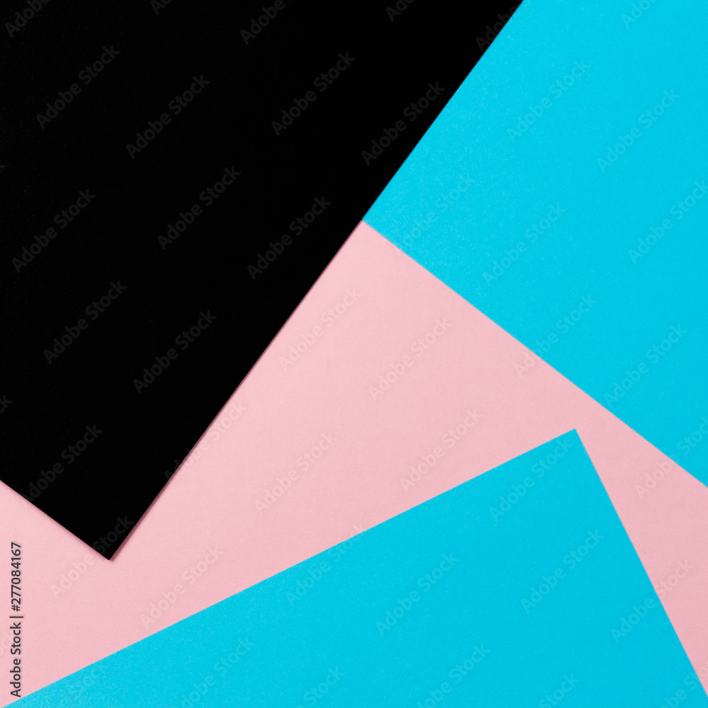 Abstract geometric shape pastel pink, light blue and black color paper background